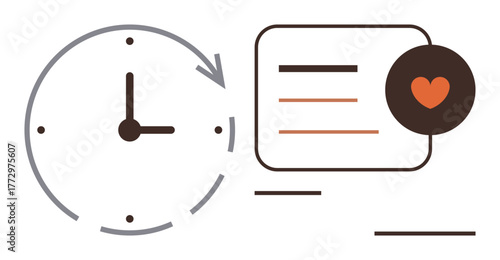 Clock with arrow, text box, and heart symbol emphasizing time tracking, productivity, and wellness. Ideal for scheduling, planning, health balance, self-care prioritization motivation work-life