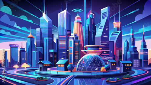 Very beautiful futuristic smart city concept of Chicago, Illinois, USA, powered by artificial intelligence, featuring glowing digital networks, modern skyscrapers, and advanced urban technology under 