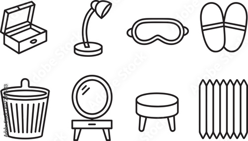 Bedroom accessories linear icons set home interior objects table lamp sleep mask