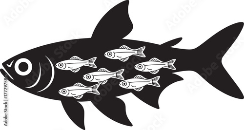 Big fish containing five small fish inside body outline food chain concept vector illustration