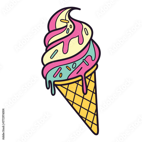 Vibrant swirl ice cream cone with pink yellow and teal flavors dripping deliciously with colorful sprinkles on a waffle cone