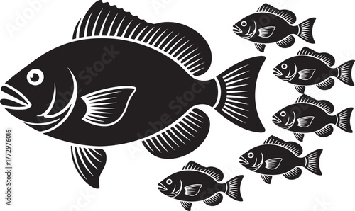 Detailed Sunfish Silhouette Large Freshwater Bream Swims Above Group Small Fishes Vector