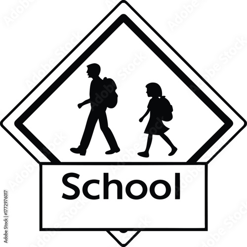 Diamond shaped school crossing sign silhouette with a boy and girl walking with backpacks below the word school indicating a safe passage for children