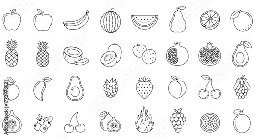 Fruits line icon set. Vector pictograms of banana, orange, strawberry, grapes, pineapple, mango, blueberry, raspberry, lime, kiwi, papaya, pomegranate, coconut, thin linear illustration