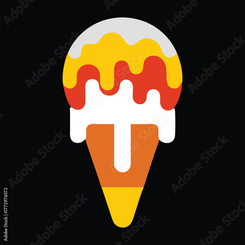 A vibrant stylized flat illustration of a melting ice cream cone with colorful toppings dripping down the sides on a stark black background