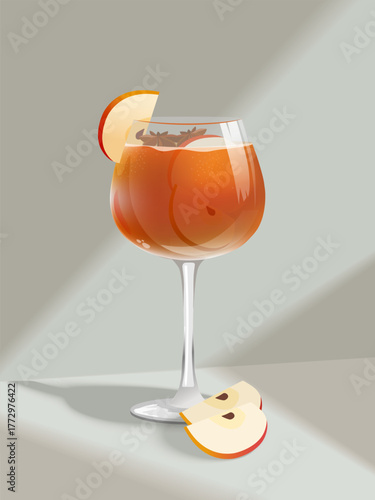 Aperol Spritz cocktail with apple cider, sliced ​​apples and anise. Autumn cocktail with sunlight on the wall. Vector illustration.