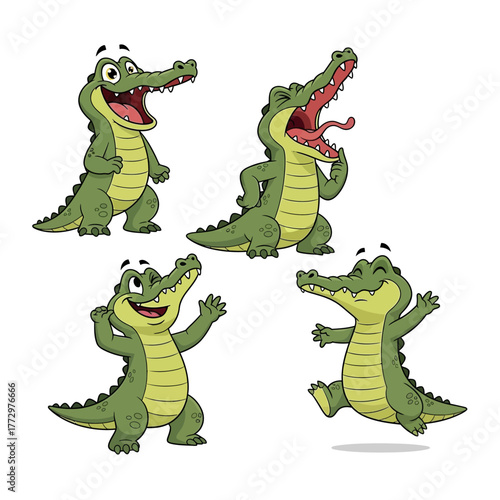 Four cartoon alligators in different poses showing various expressions.