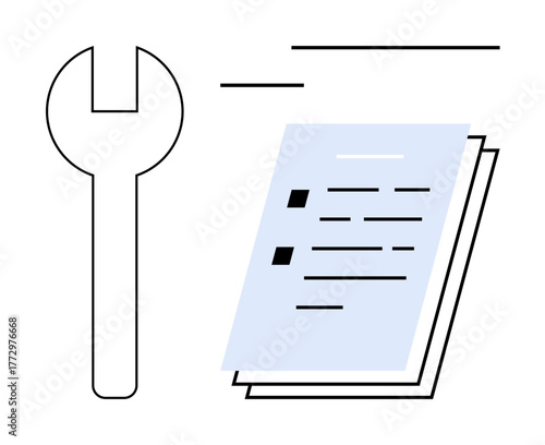 Wrench beside layered documents with checklist highlights problem-solving, efficiency, and repair concepts. Ideal for workflow, maintenance, management, organization, productivity, engineering