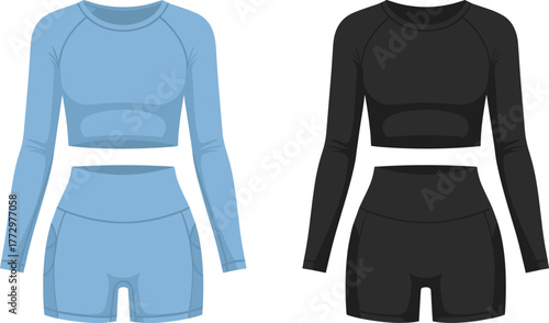 Athletic crop top and shorts set, front view illustration, activewear fashion flat, workout outfit design, sporty clothing template, fitness apparel vector