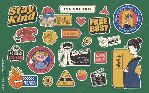 retro stiker pack with sarcastic and chill quotes, vector illustration