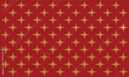 Glistening golden star shapes create a simple repeating seamless pattern against a vibrant red background
