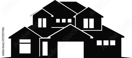 House silhouette icon, residential building vector, architectural roofline design, real estate symbol, home structure graphic, black and white illustration, property logo template