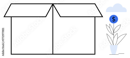 Open box and potted plant with floating dollar coin and cloud. Ideal for growth, innovation, business, savings, eco-friendly, investment, opportunity. Simple flat metaphor