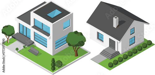Isometric illustration of modern and traditional houses, residential architecture design, urban housing concept, suburban neighborhood, real estate property visualization