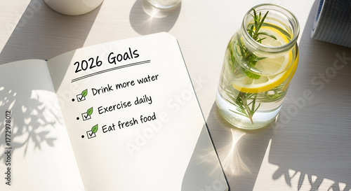 Water bottle with lemon and planner with written goals for the new 2026 year, symbol of healthy lifestyle, balance and fresh start.