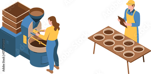 Isometric coffee roasting process illustration, workers roasting coffee beans, industrial coffee roaster, factory production, quality control, coffee industry concept