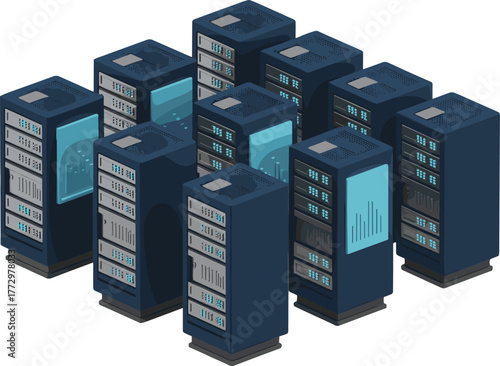 Isometric data server room illustration, modern technology network storage, cloud computing hardware racks, digital database infrastructure, information technology concept design