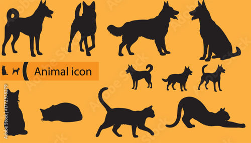 Collection of dog and cat silhouettes on orange background