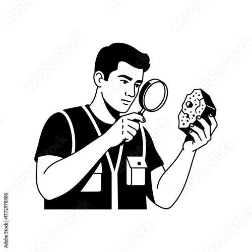 Geologist examining rock with magnifying glass for research.