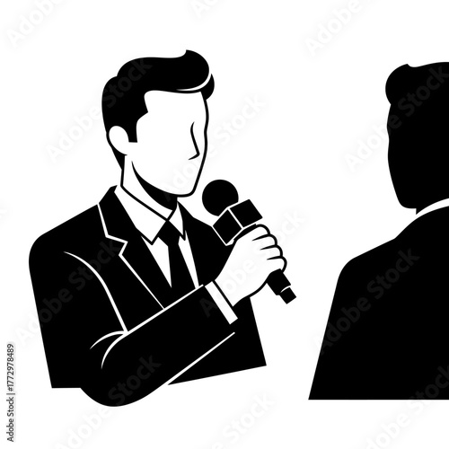 Journalist interviewing a person in a formal setting.