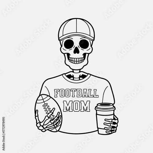 Football Mom Cool Skeleton with Cap, Coffee, and Ball - Free Halloween Sports SVG