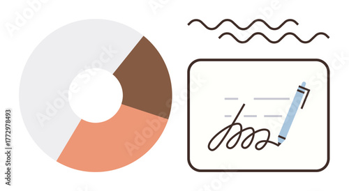 Pie chart divided into segments and signature area with pen illustrating data, analysis, approval, contracts. Ideal for business, agreement, finance, presentation, validation simple flat metaphor