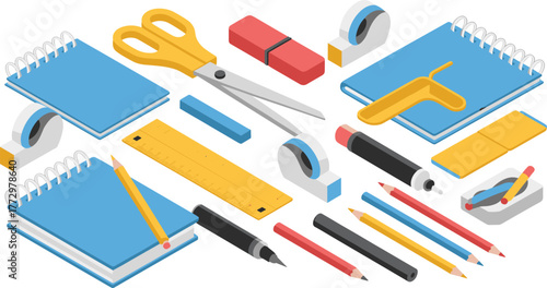 Isometric 3D illustration of office and school stationery items, notebooks, pencils, scissors, ruler, erasers, tape dispenser, workspace supplies design