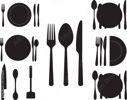 Fork, spoon, knife and half plate icons set silhouette