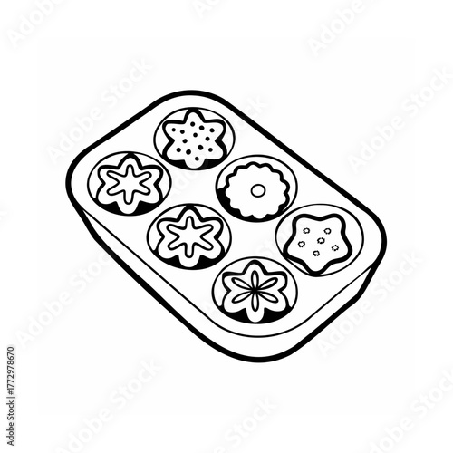 Black and white vector drawing of cupcakes in a baking tray