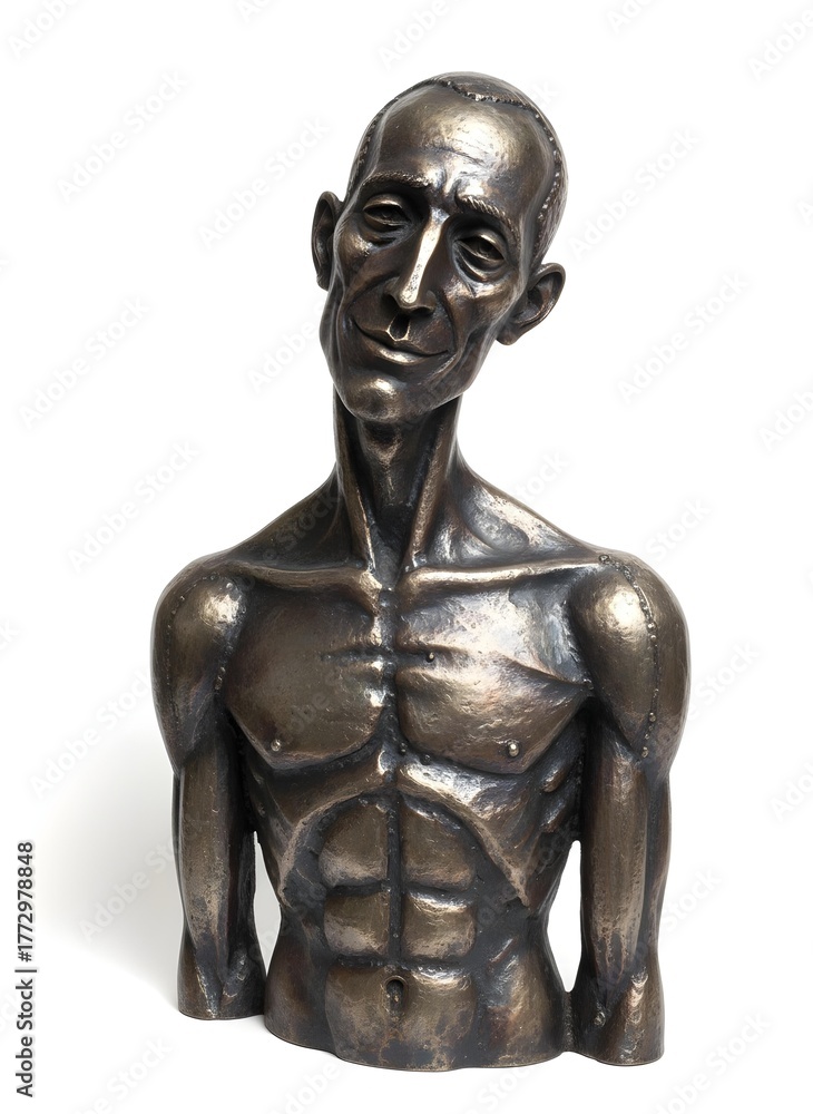 Fototapeta premium Abstract metal bust with fragmented body and empty expression evoking emotional numbness and cognitive decay from artificial control