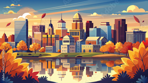 Very beautiful panoramic cityscape of Peoria, Illinois, USA, featuring the downtown skyline reflecting in the Illinois River at autumn sunrise, with warm golden light and colorful foliage.