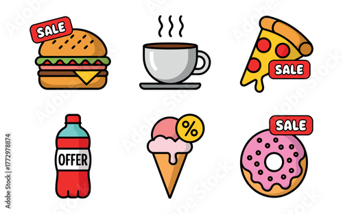 Delicious fast food and sweet treats with sale and offer tags, perfect for promotions