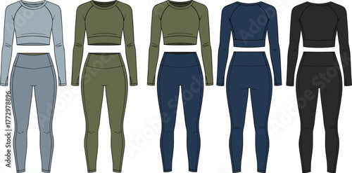 Athletic crop top and leggings set, five color variations, front view fashion flat, activewear outfit design, workout clothing template, fitness apparel illustration