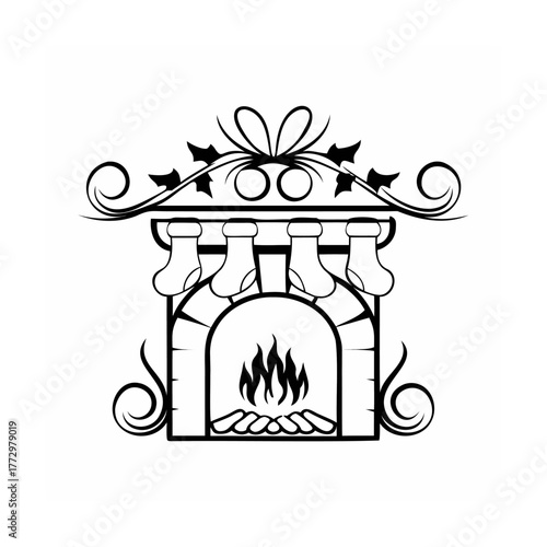 Elegant Christmas Fireplace Decoration Silhouette with Stockings and Holly Design