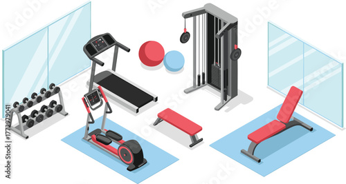 Isometric 3D illustration of modern home gym interior with fitness equipment, treadmill, exercise bike, dumbbells, workout and training setup