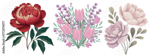 A floral arrangement featuring a peony tulips and roses in a soft watercolor style illustration