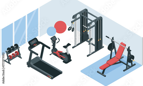 Isometric 3D illustration of modern home gym interior with fitness equipment, treadmill, exercise bike, dumbbells, workout and training setup