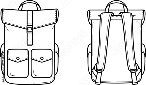 Backpack front and back view, travel gear illustration, school bag sketch, line art, vector drawing, black and white design