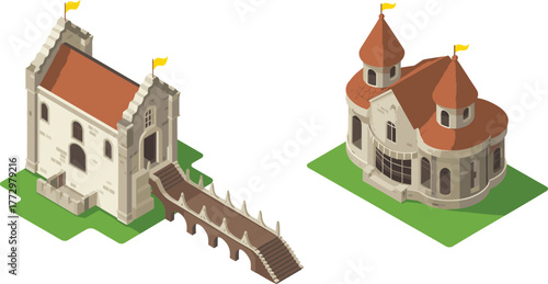 Isometric 3D illustration of medieval castle buildings connected by wooden bridge, fantasy fortress architecture, ancient stone towers and flags