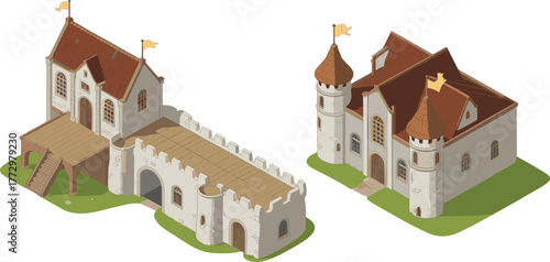 Isometric 3D illustration of medieval castle buildings connected by wooden bridge, fantasy fortress architecture, ancient stone towers and flags
