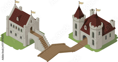 Isometric 3D illustration of medieval castle buildings connected by wooden bridge, fantasy fortress architecture, ancient stone towers and flags