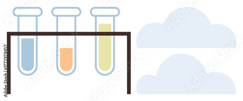 Test tubes with orange, yellow, and clear liquids in a rack beside simple cloud shapes. Ideal for science, chemistry, environment, air quality, research, innovation sustainability simple flat