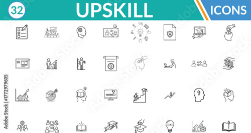 Upskill and Personal Development line icon set. Including Checklist, Team learning, Brainstorming, Certificate, Online course, Target goal, Growing chart. Vector line art illustration.