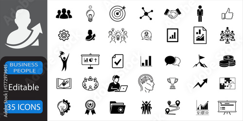 Business people. Manager, Executive, Team, Meeting, Presentation, Handshake, Briefcase, Interview, Networking, Conference. Vector illustration