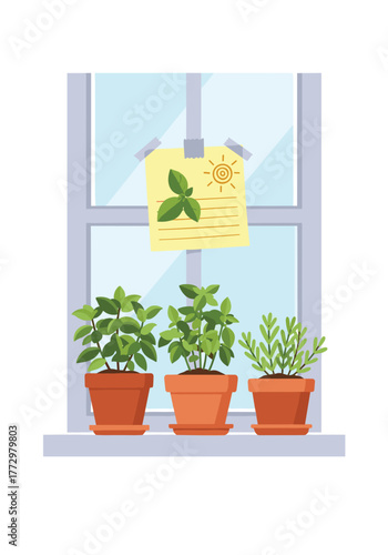 Three potted herb plants growing on a windowsill with a sunny note taped to the window.