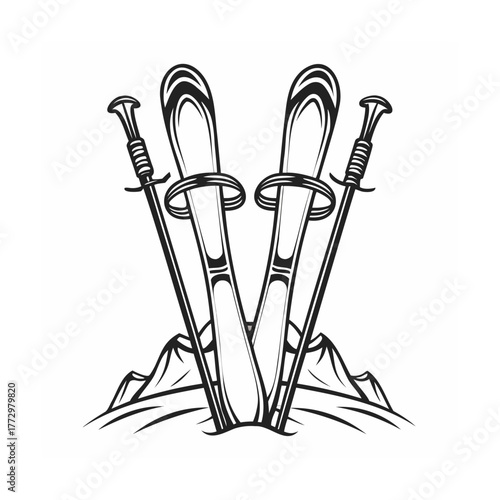 Monochrome ski equipment illustration with snowy mountains and poles