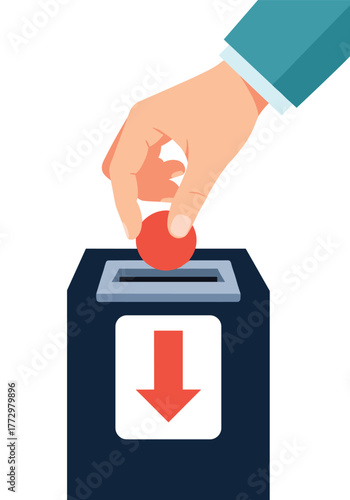Hand dropping a red coin into a donation box with a downward arrow icon.