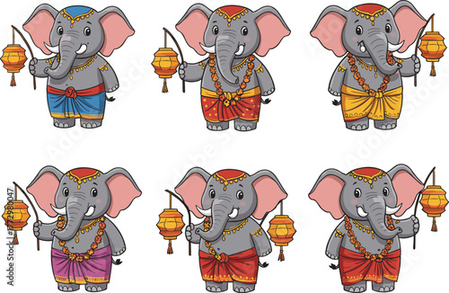 Cute cartoon elephant in traditional Indian attire holding lantern, festive cultural celebration illustration, colorful ethnic costume with floral garlands