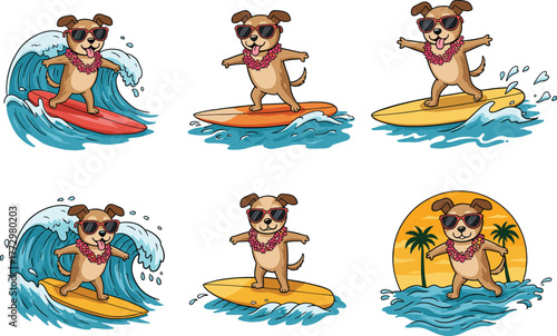 Cute cartoon dog surfing on waves with sunglasses and lei necklace, tropical beach summer fun animal illustration on white background