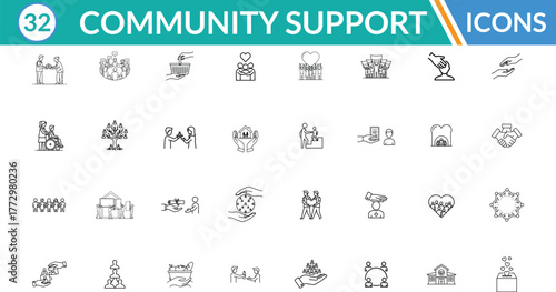 Community and Support  line icon set. Including Helping hands, Group of people, Donation box, Volunteer, Family care, Community building, Handshake, Heart symbol, Global. Vector line art illustration.